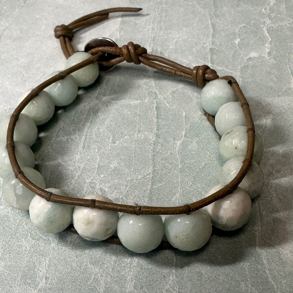 Chan Luu Light Green Blue Beaded Bracelet on Leather